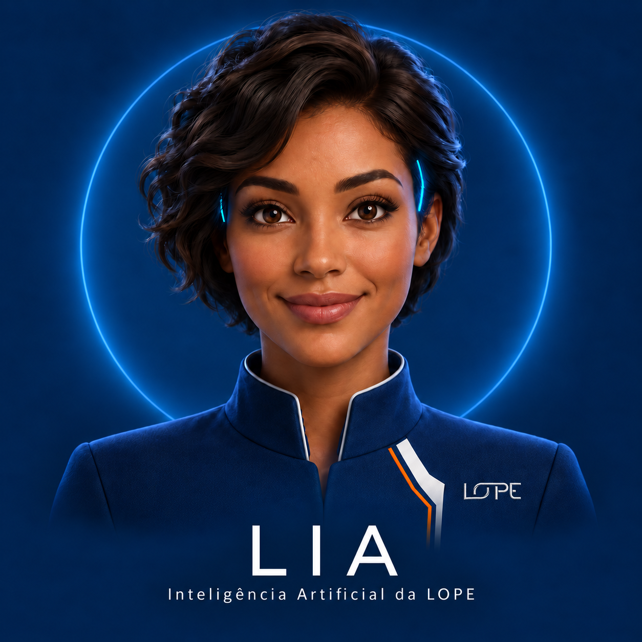 LIA, assistente virtual da LOPE, com uniforme azul e detalhes laranja